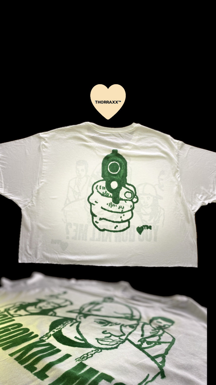 THORRAXX™ Hand-Drawn Box-Crop Oversized T-Shirt – “YOU GON KILL ME?”