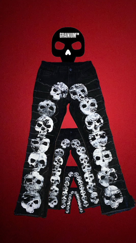 GRAINIUM™ Skull Cascade Denim Pants — Hand-Painted (Black/White)