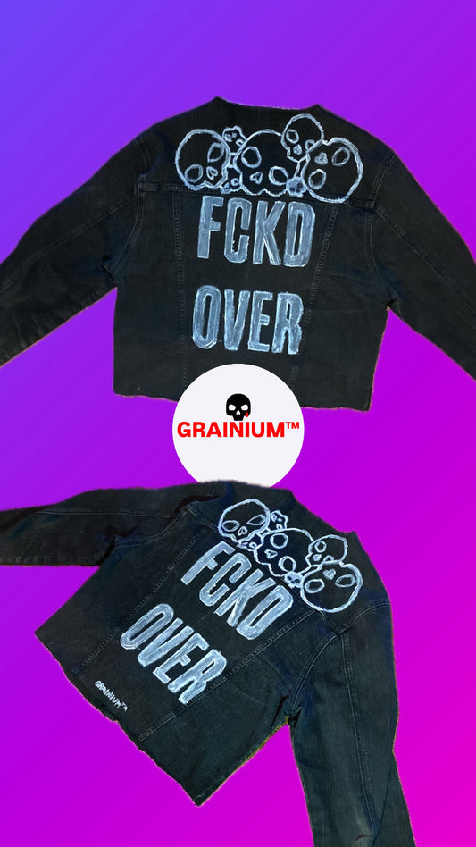 GRAINIUM™ “FCKD OVER” Cropped Jean Jacket – Hand-Painted Skull Edition