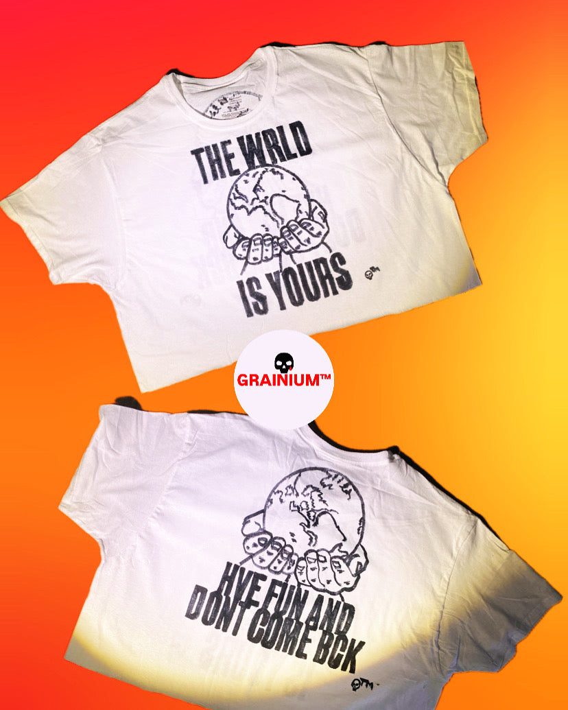 GRAINIUM™ “THE WORLD IS YOURS / HAVE FUN AND DON’T COME BACK” Hand-Drawn Box Crop Tee