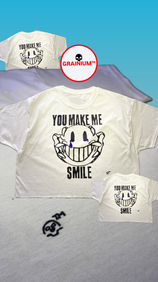 GRAINIUM™ Oversized Box Crop Hand-Drawn Graphic Tee – “YOU MAKE ME SMILE”