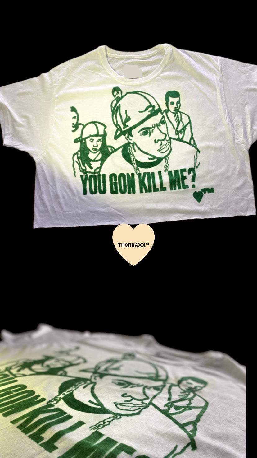 THORRAXX™ Hand-Drawn Box-Crop Oversized T-Shirt – “YOU GON KILL ME?”