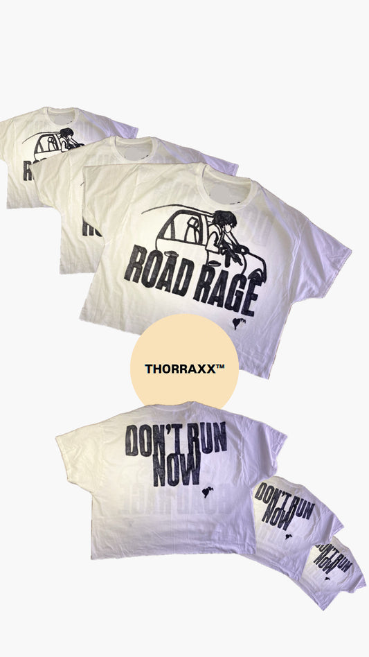 THORRAXX™ Hand-Drawn “ROAD RAGE / DON’T RUN NOW” Box Crop T-Shirt – Street Graphic Oversized Tee