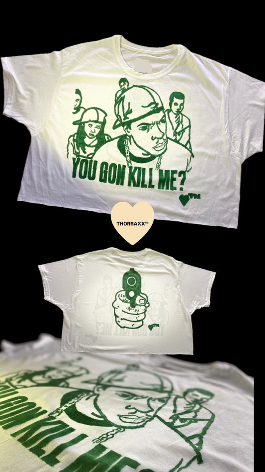 THORRAXX™ Hand-Drawn Box-Crop Oversized T-Shirt – “YOU GON KILL ME?”