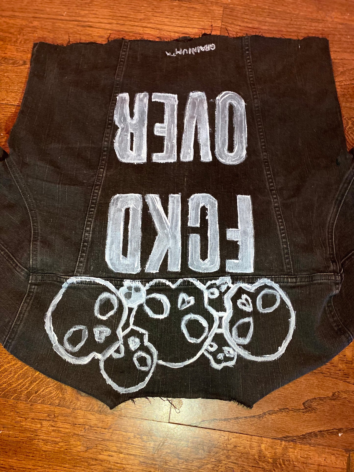 GRAINIUM™ “FCKD OVER” Cropped Jean Jacket – Hand-Painted Skull Edition