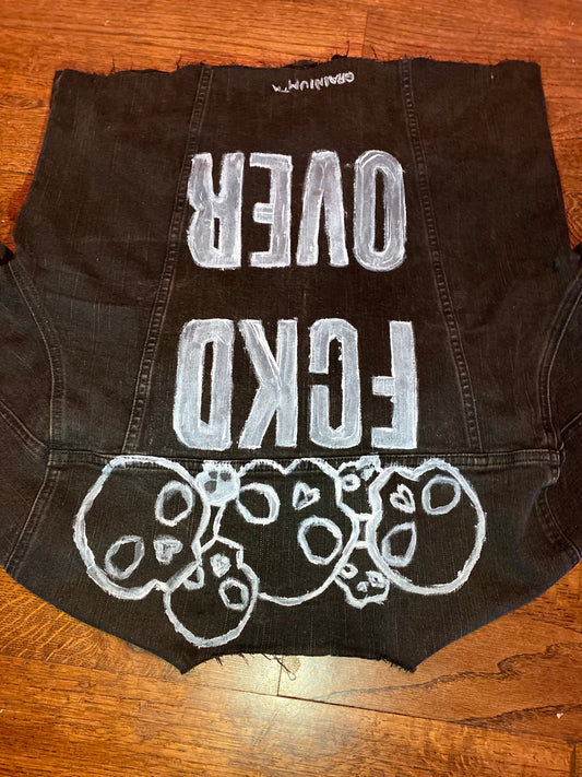 GRAINIUM™ “FCKD OVER” Cropped Jean Jacket – Hand-Painted Skull Edition