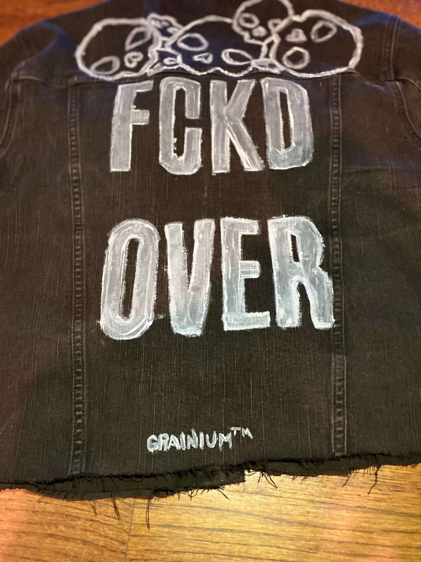 GRAINIUM™ “FCKD OVER” Cropped Jean Jacket – Hand-Painted Skull Edition