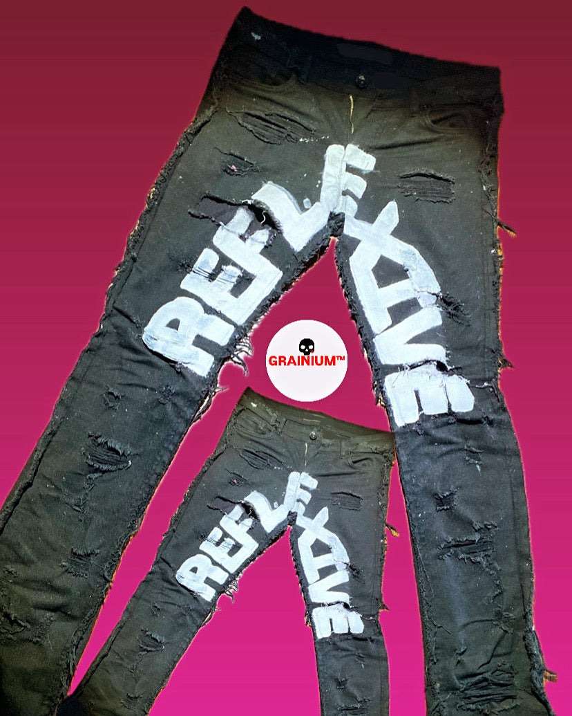 GRAINIUM™ Hand-Painted Stacked Denim Pants – Distressed Black Artwear